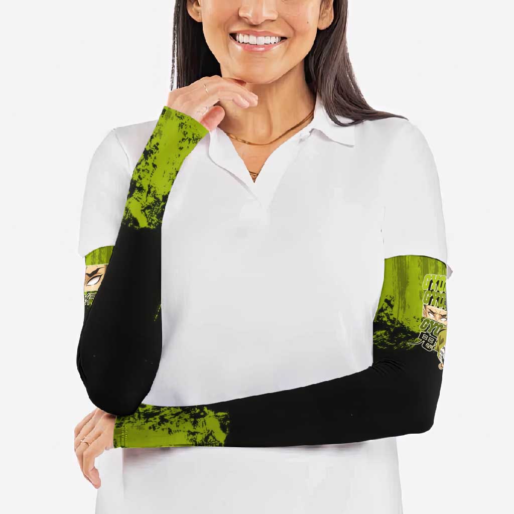 Gyomei Himejima Demon Slayer Bold Green Theme Arm Sleeves with Prayer Pose and Intense Expression Design - The Mazicc