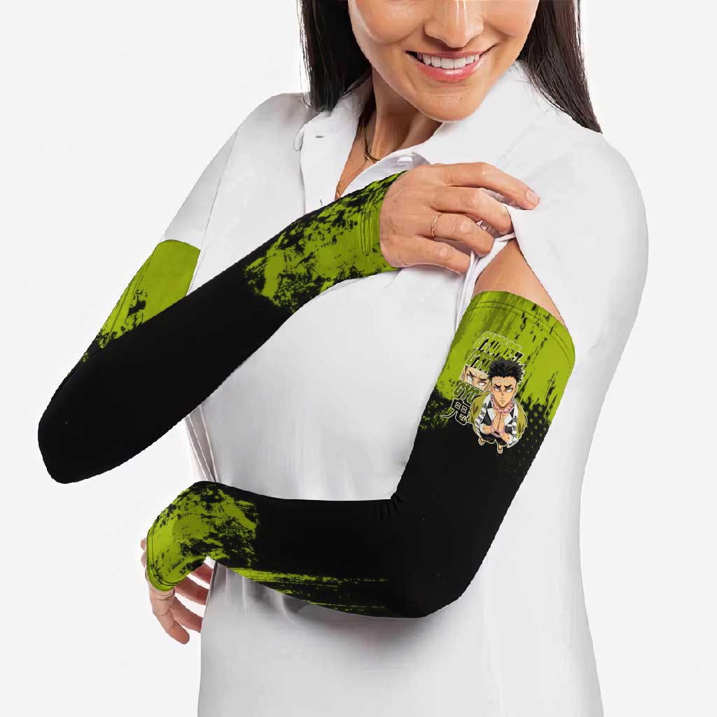 Gyomei Himejima Demon Slayer Bold Green Theme Arm Sleeves with Prayer Pose and Intense Expression Design - The Mazicc