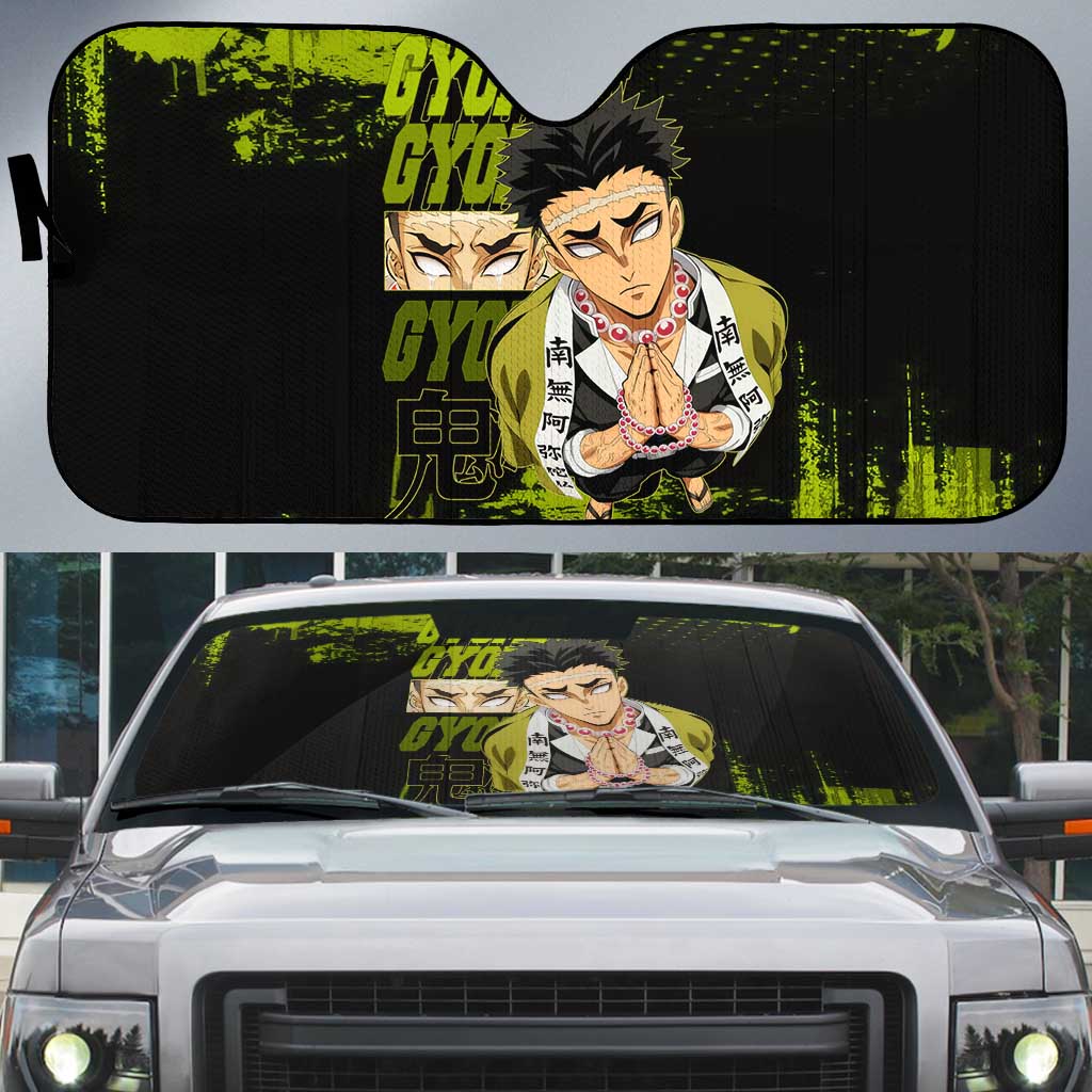 Gyomei Himejima Demon Slayer Bold Green Theme Auto Sun Shade with Prayer Pose and Intense Expression Design - The Mazicc