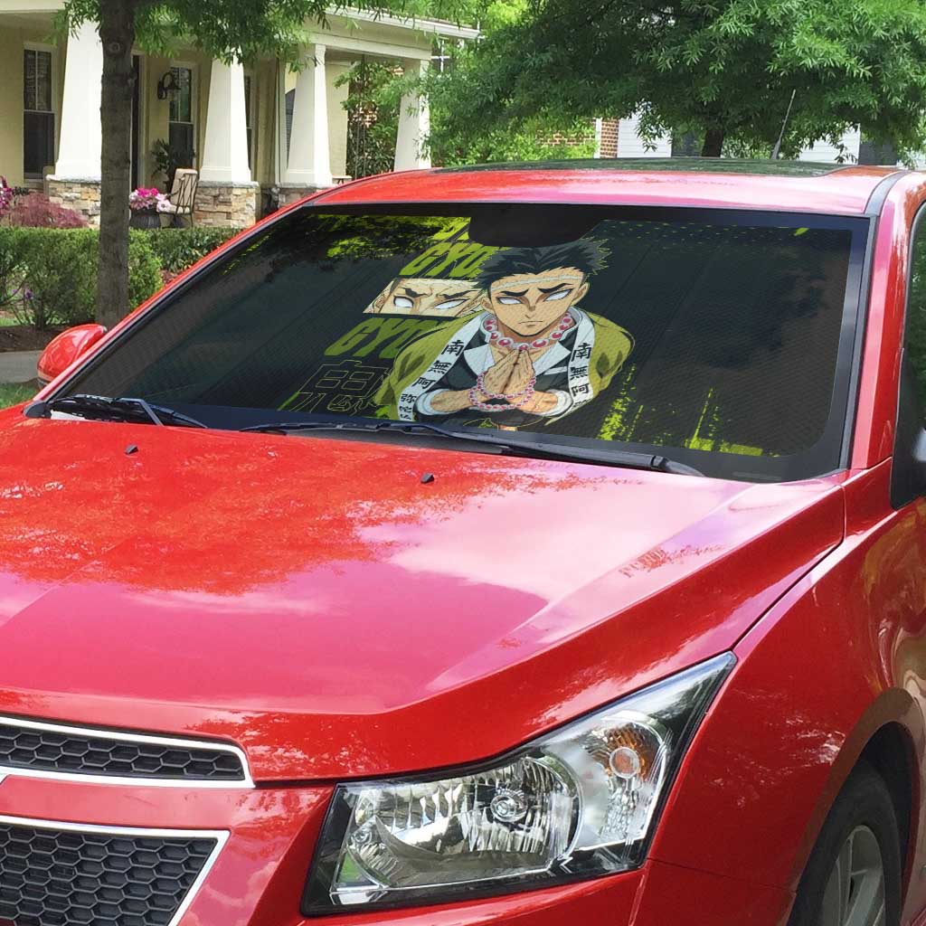 Gyomei Himejima Demon Slayer Bold Green Theme Auto Sun Shade with Prayer Pose and Intense Expression Design - The Mazicc