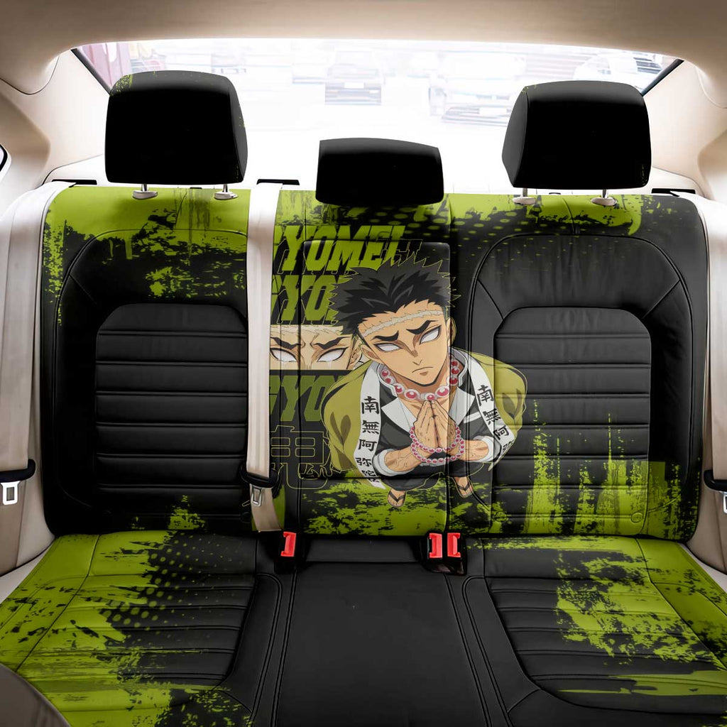 Gyomei Himejima Demon Slayer Bold Green Theme Back Car Seat Cover with Prayer Pose and Intense Expression Design - The Mazicc