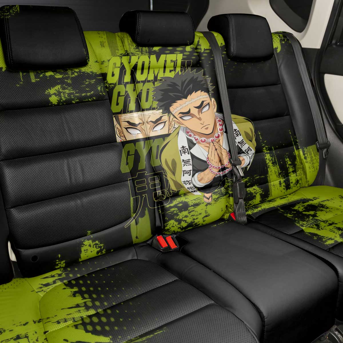 Gyomei Himejima Demon Slayer Bold Green Theme Back Car Seat Cover with Prayer Pose and Intense Expression Design - The Mazicc
