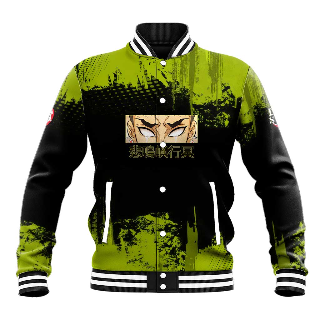 Gyomei Himejima Demon Slayer Bold Green Theme Baseball Jacket with Prayer Pose and Intense Expression Design - The Mazicc