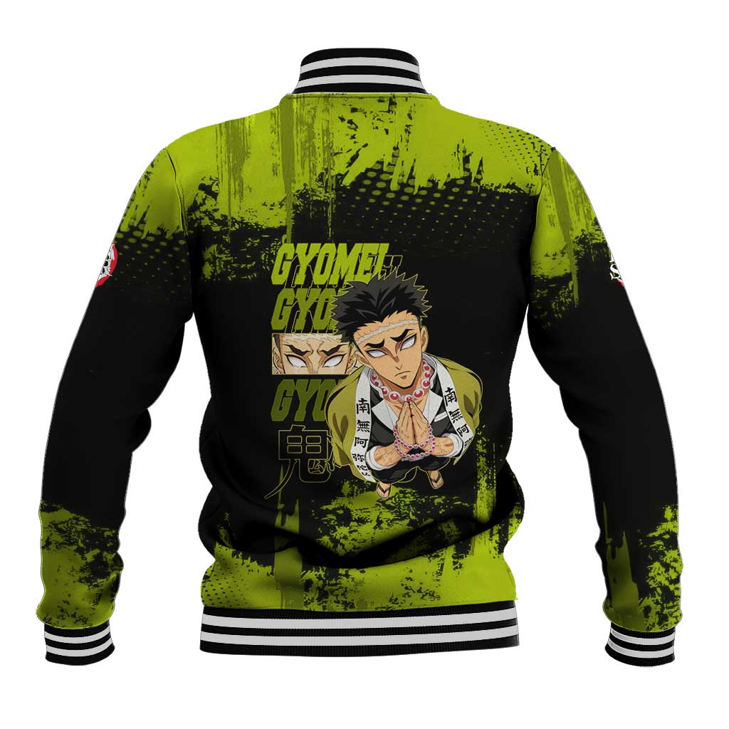 Gyomei Himejima Demon Slayer Bold Green Theme Baseball Jacket with Prayer Pose and Intense Expression Design - The Mazicc