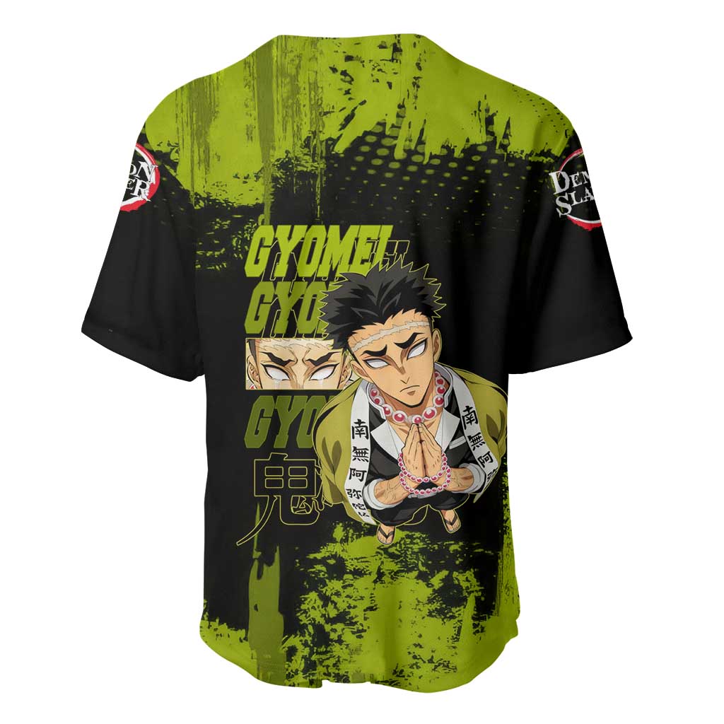 Gyomei Himejima Demon Slayer Bold Green Theme Baseball Jersey with Prayer Pose and Intense Expression Design - The Mazicc