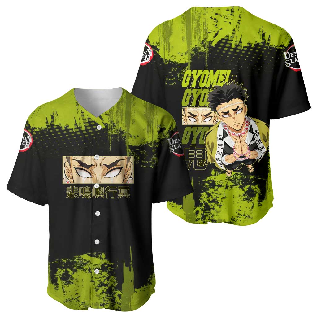 Gyomei Himejima Demon Slayer Bold Green Theme Baseball Jersey with Prayer Pose and Intense Expression Design - The Mazicc