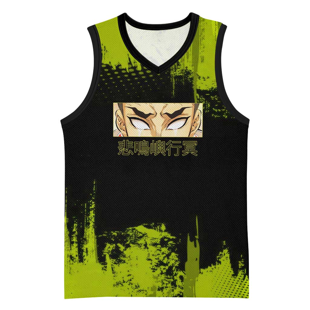 Gyomei Himejima Demon Slayer Bold Green Theme Basketball Jersey with Prayer Pose and Intense Expression Design - The Mazicc