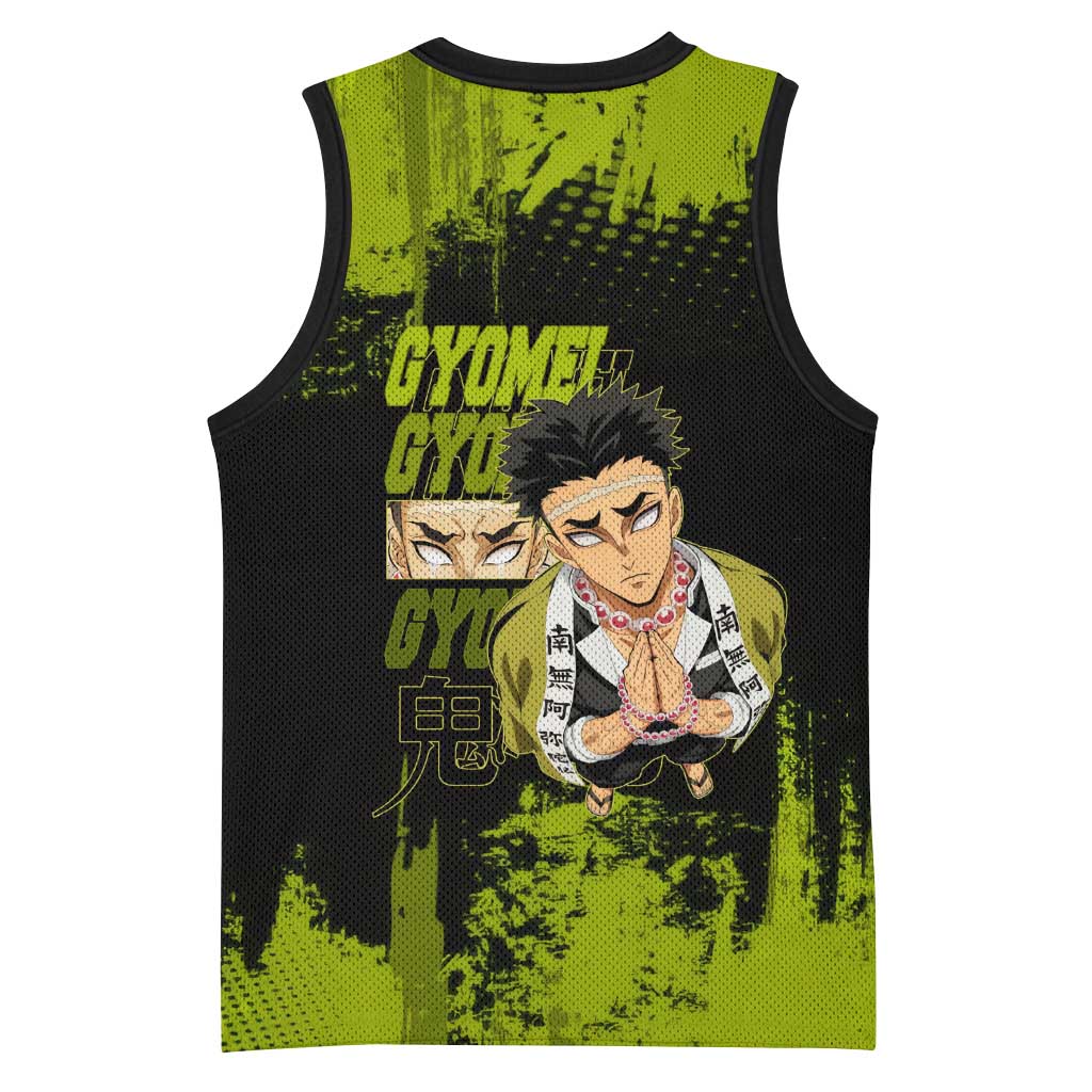 Gyomei Himejima Demon Slayer Bold Green Theme Basketball Jersey with Prayer Pose and Intense Expression Design - The Mazicc