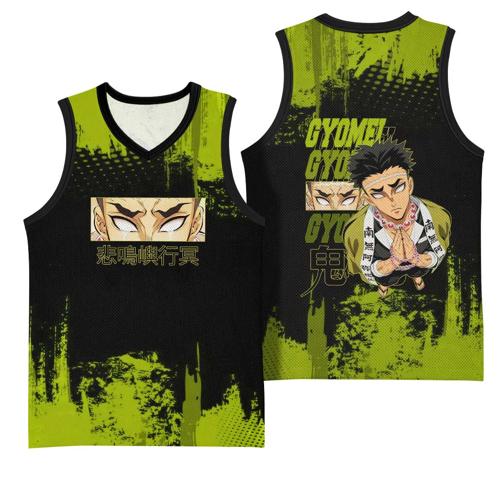 Gyomei Himejima Demon Slayer Bold Green Theme Basketball Jersey with Prayer Pose and Intense Expression Design - The Mazicc