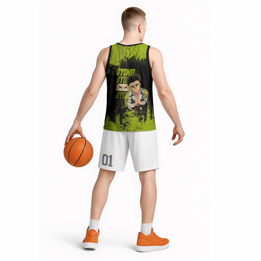Gyomei Himejima Demon Slayer Bold Green Theme Basketball Jersey with Prayer Pose and Intense Expression Design - The Mazicc