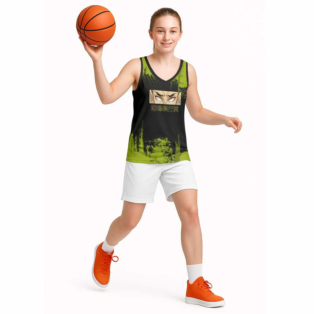 Gyomei Himejima Demon Slayer Bold Green Theme Basketball Jersey with Prayer Pose and Intense Expression Design - The Mazicc