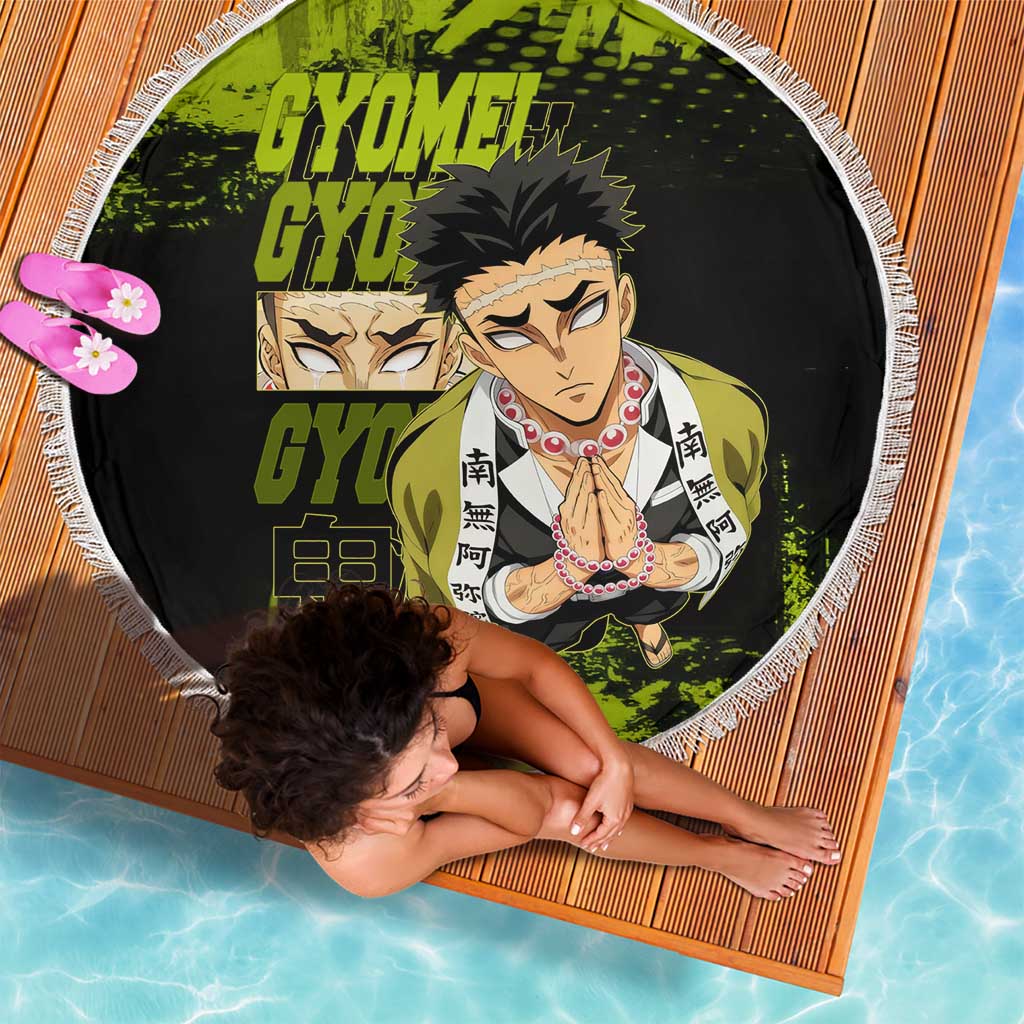 Gyomei Himejima Demon Slayer Bold Green Theme Beach Blanket with Prayer Pose and Intense Expression Design - The Mazicc