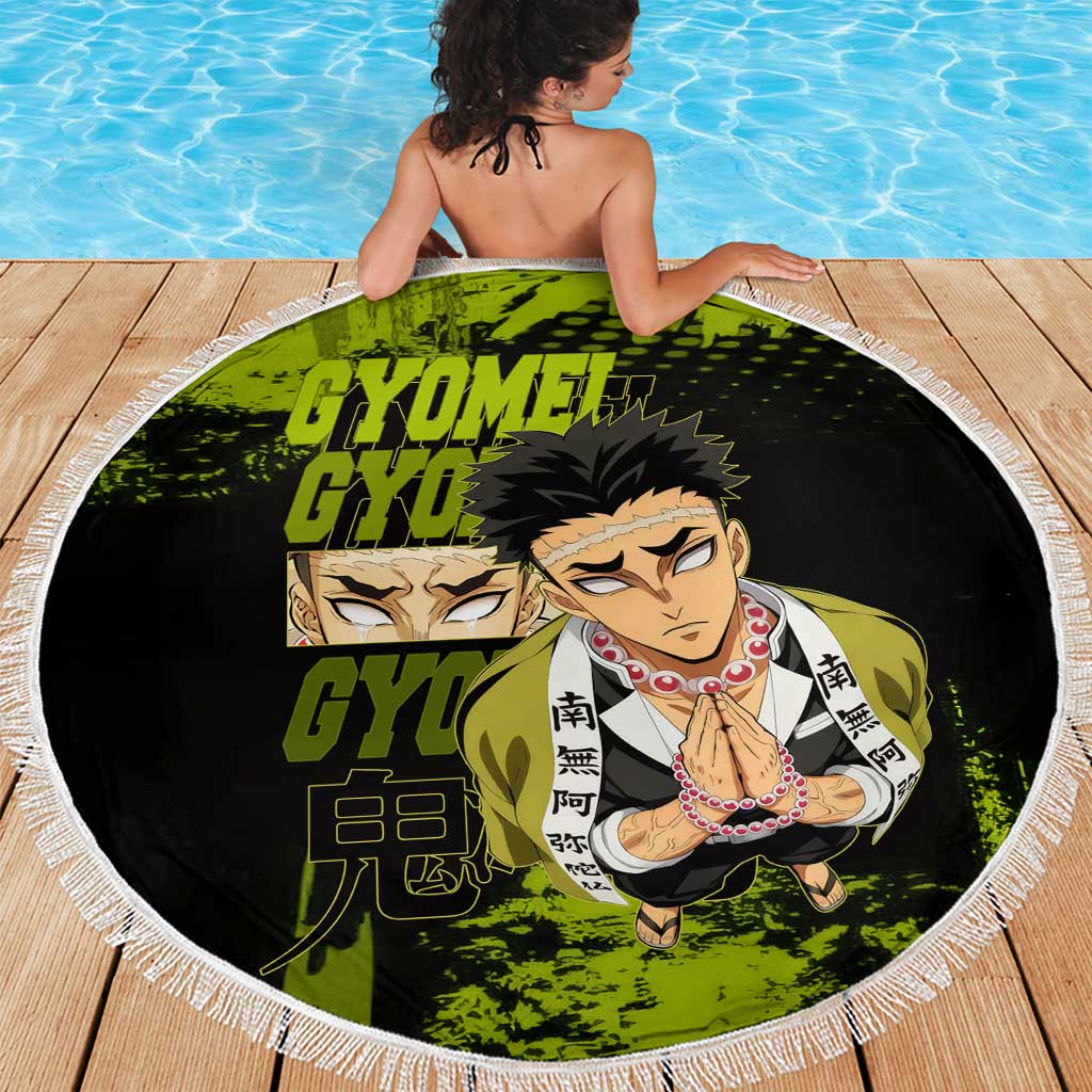 Gyomei Himejima Demon Slayer Bold Green Theme Beach Blanket with Prayer Pose and Intense Expression Design - The Mazicc