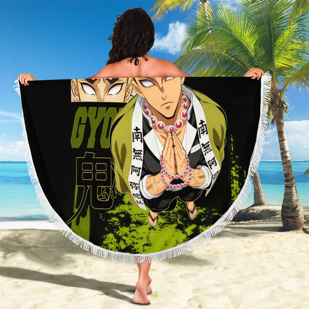 Gyomei Himejima Demon Slayer Bold Green Theme Beach Blanket with Prayer Pose and Intense Expression Design - The Mazicc