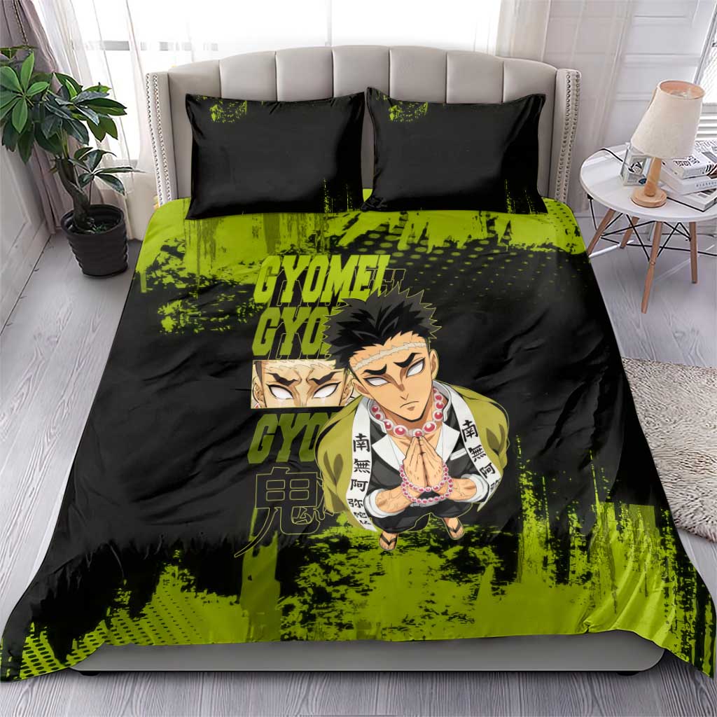 Gyomei Himejima Demon Slayer Bold Green Theme Bedding Set with Prayer Pose and Intense Expression Design - The Mazicc