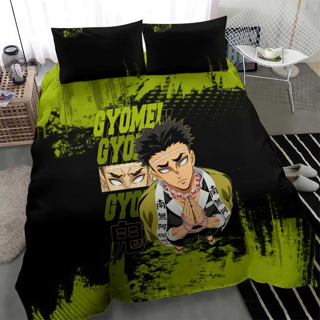 Gyomei Himejima Demon Slayer Bold Green Theme Bedding Set with Prayer Pose and Intense Expression Design - The Mazicc