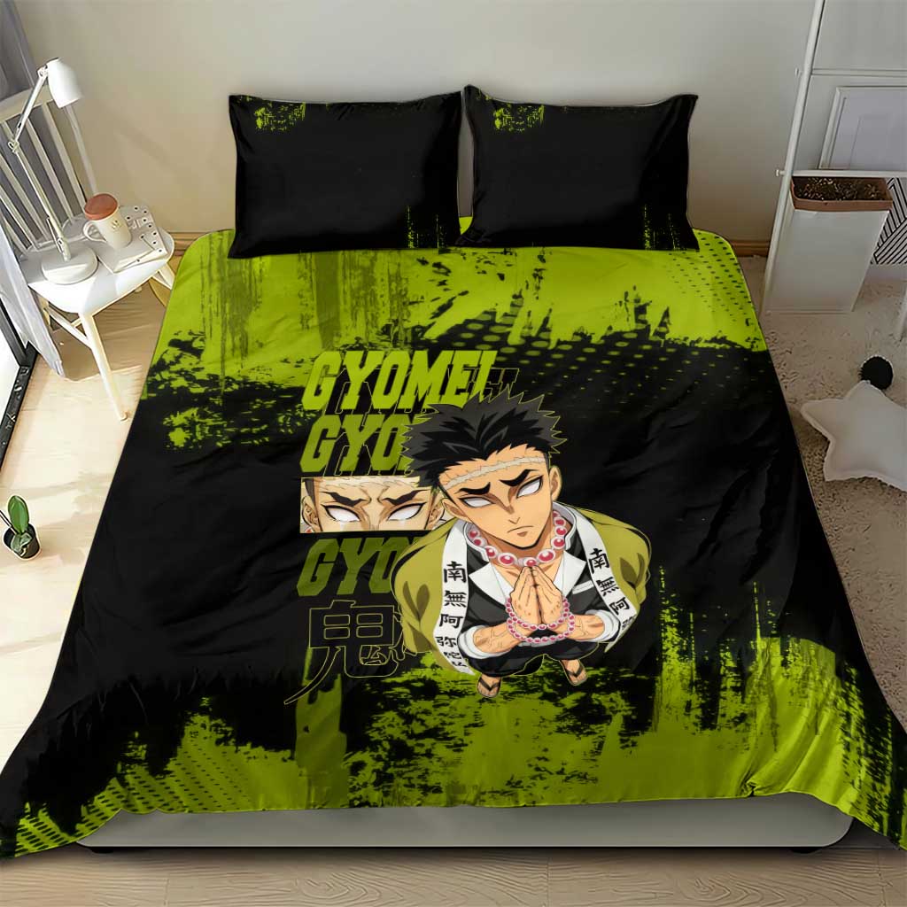 Gyomei Himejima Demon Slayer Bold Green Theme Bedding Set with Prayer Pose and Intense Expression Design - The Mazicc