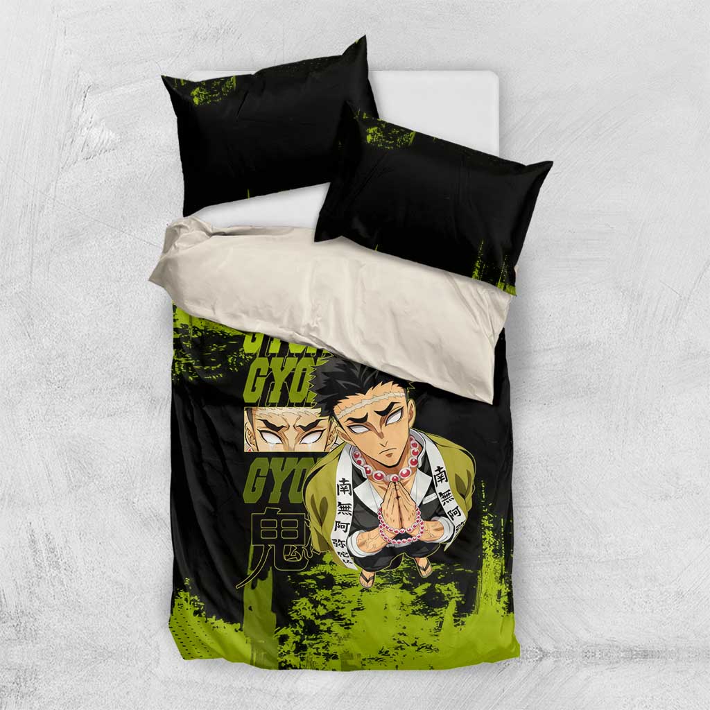 Gyomei Himejima Demon Slayer Bold Green Theme Bedding Set with Prayer Pose and Intense Expression Design - The Mazicc