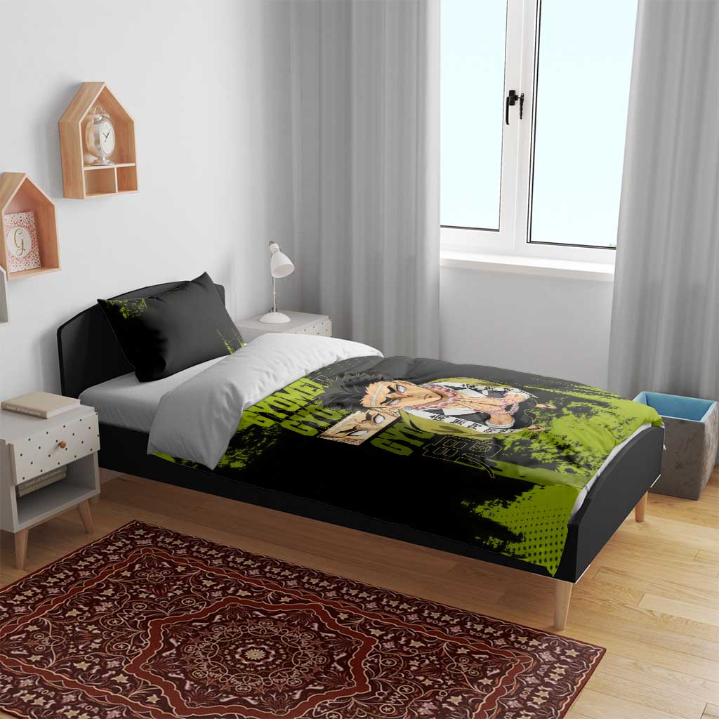 Gyomei Himejima Demon Slayer Bold Green Theme Bedding Set with Prayer Pose and Intense Expression Design - The Mazicc