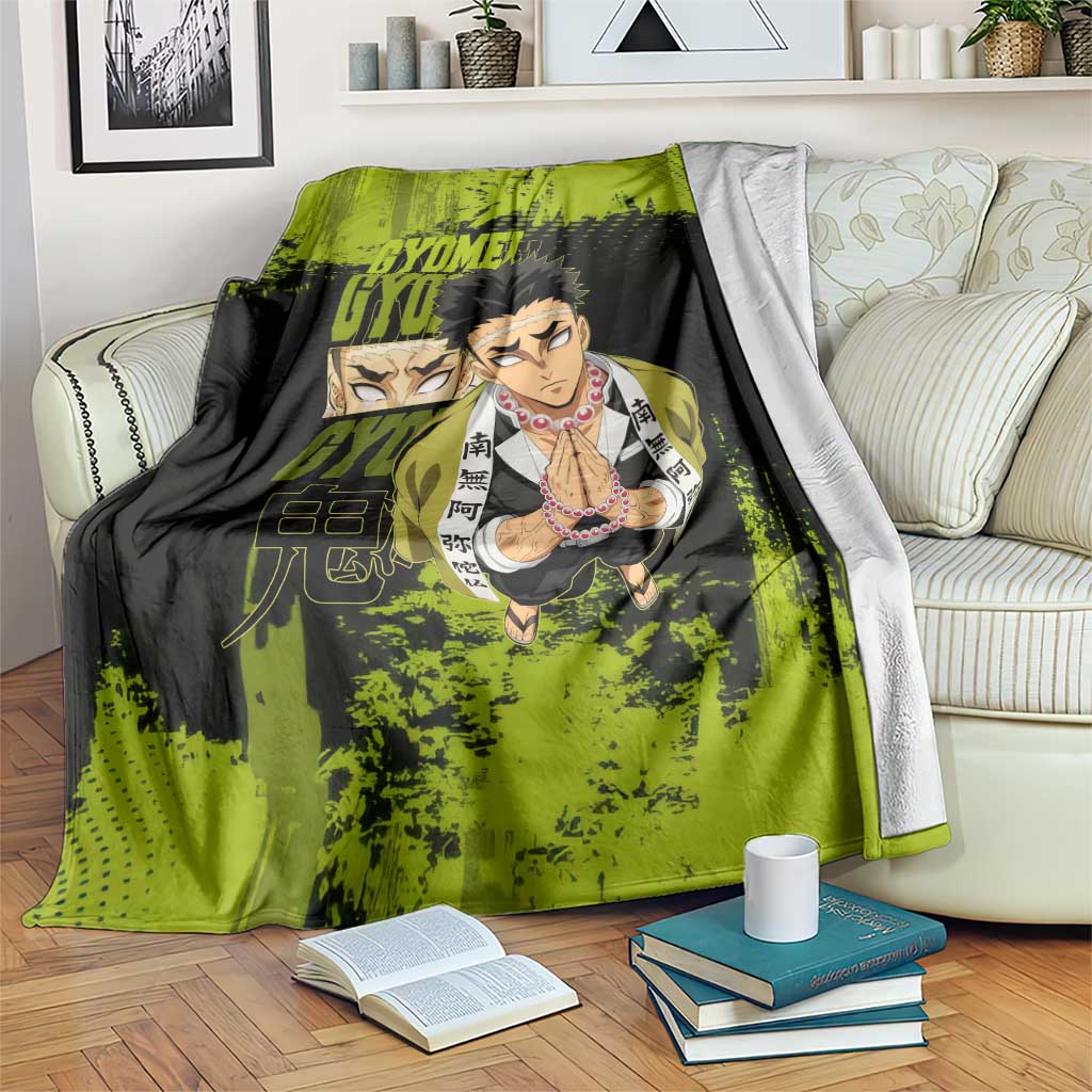Gyomei Himejima Demon Slayer Bold Green Theme Blanket with Prayer Pose and Intense Expression Design - The Mazicc