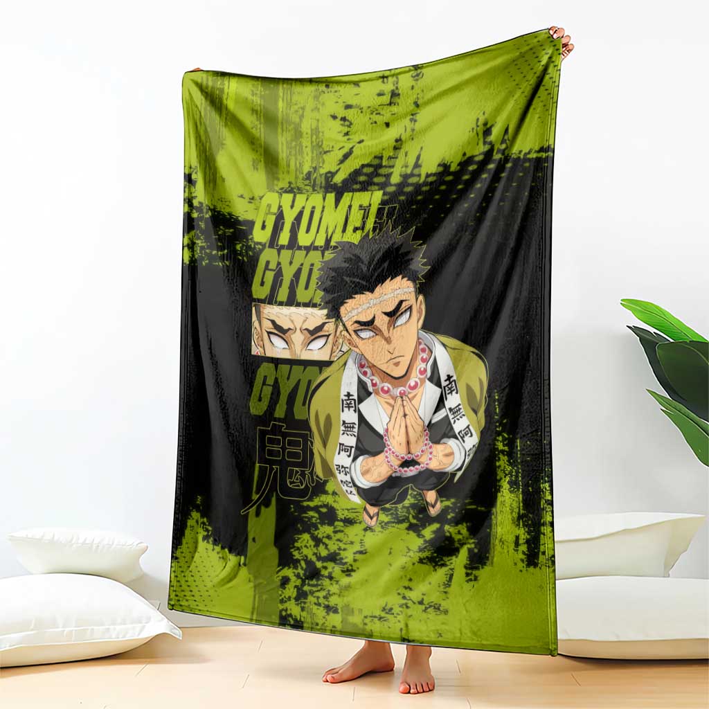 Gyomei Himejima Demon Slayer Bold Green Theme Blanket with Prayer Pose and Intense Expression Design - The Mazicc