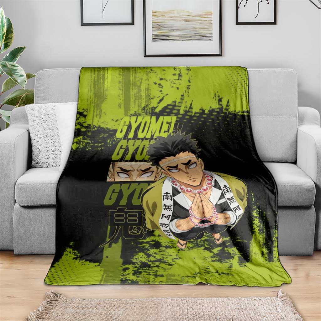Gyomei Himejima Demon Slayer Bold Green Theme Blanket with Prayer Pose and Intense Expression Design - The Mazicc