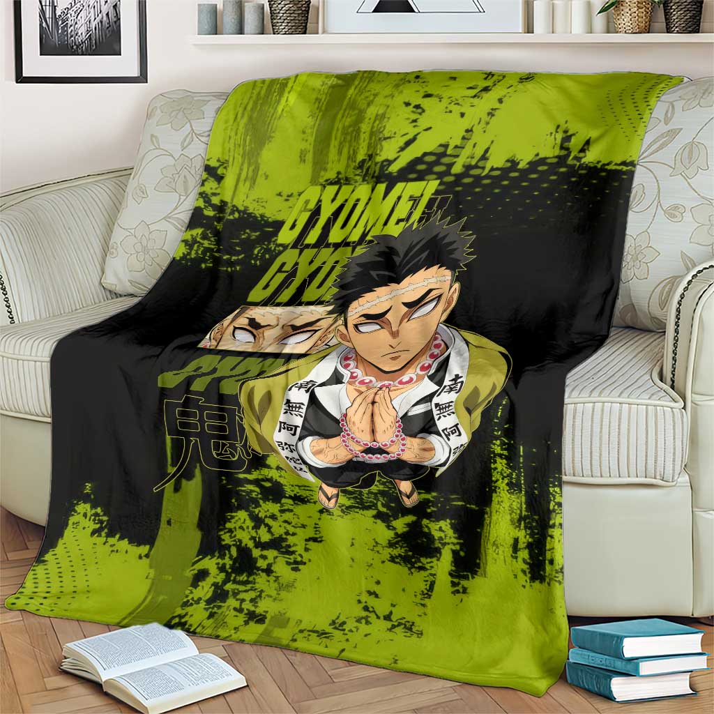 Gyomei Himejima Demon Slayer Bold Green Theme Blanket with Prayer Pose and Intense Expression Design - The Mazicc