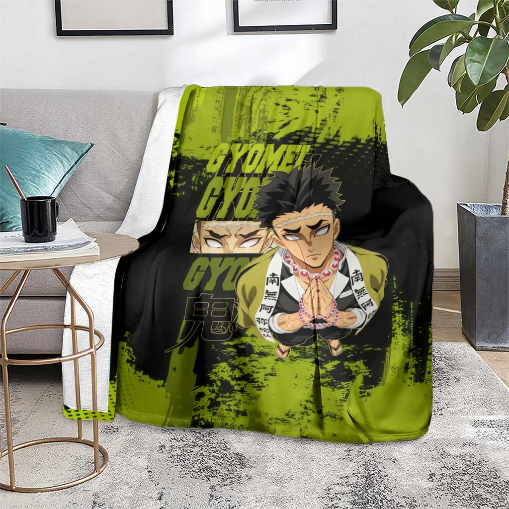 Gyomei Himejima Demon Slayer Bold Green Theme Blanket with Prayer Pose and Intense Expression Design - The Mazicc
