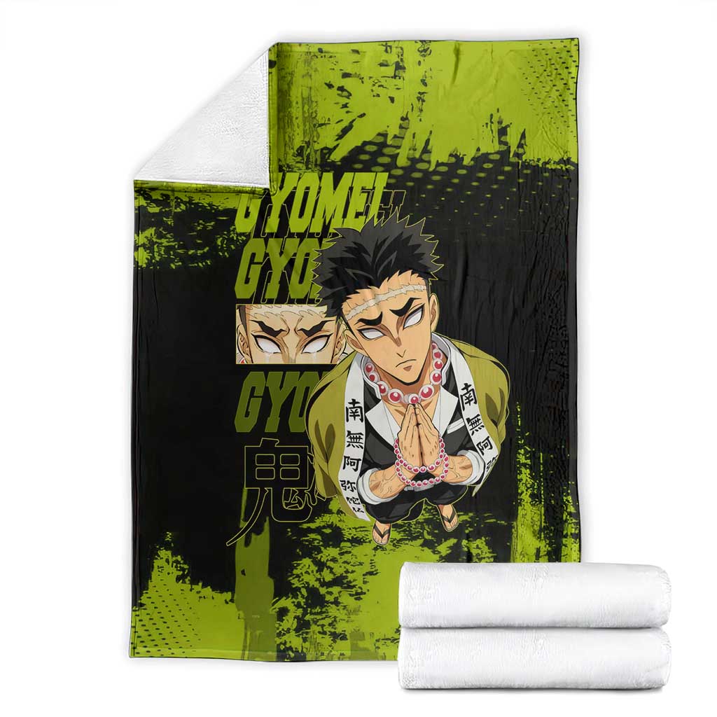 Gyomei Himejima Demon Slayer Bold Green Theme Blanket with Prayer Pose and Intense Expression Design - The Mazicc