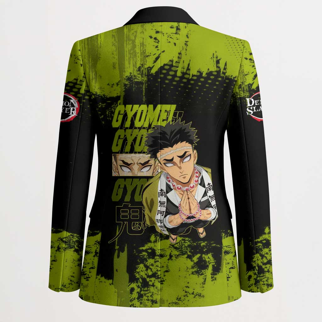 Gyomei Himejima Demon Slayer Bold Green Theme Blazer with Prayer Pose and Intense Expression Design - The Mazicc