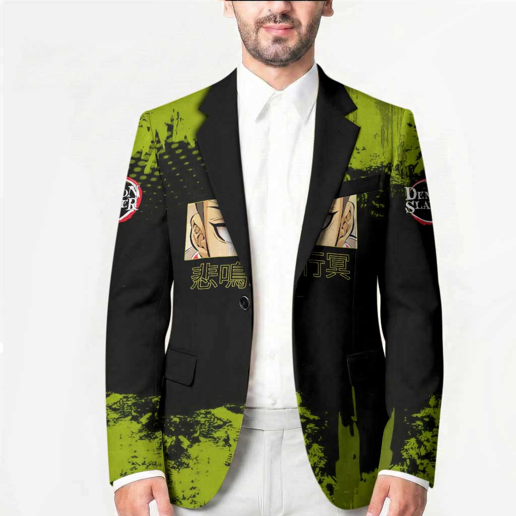 Gyomei Himejima Demon Slayer Bold Green Theme Blazer with Prayer Pose and Intense Expression Design - The Mazicc