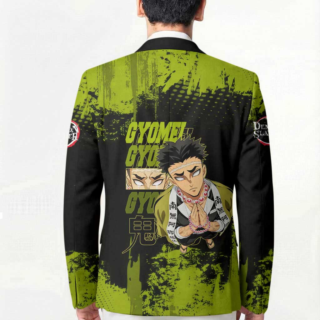 Gyomei Himejima Demon Slayer Bold Green Theme Blazer with Prayer Pose and Intense Expression Design - The Mazicc