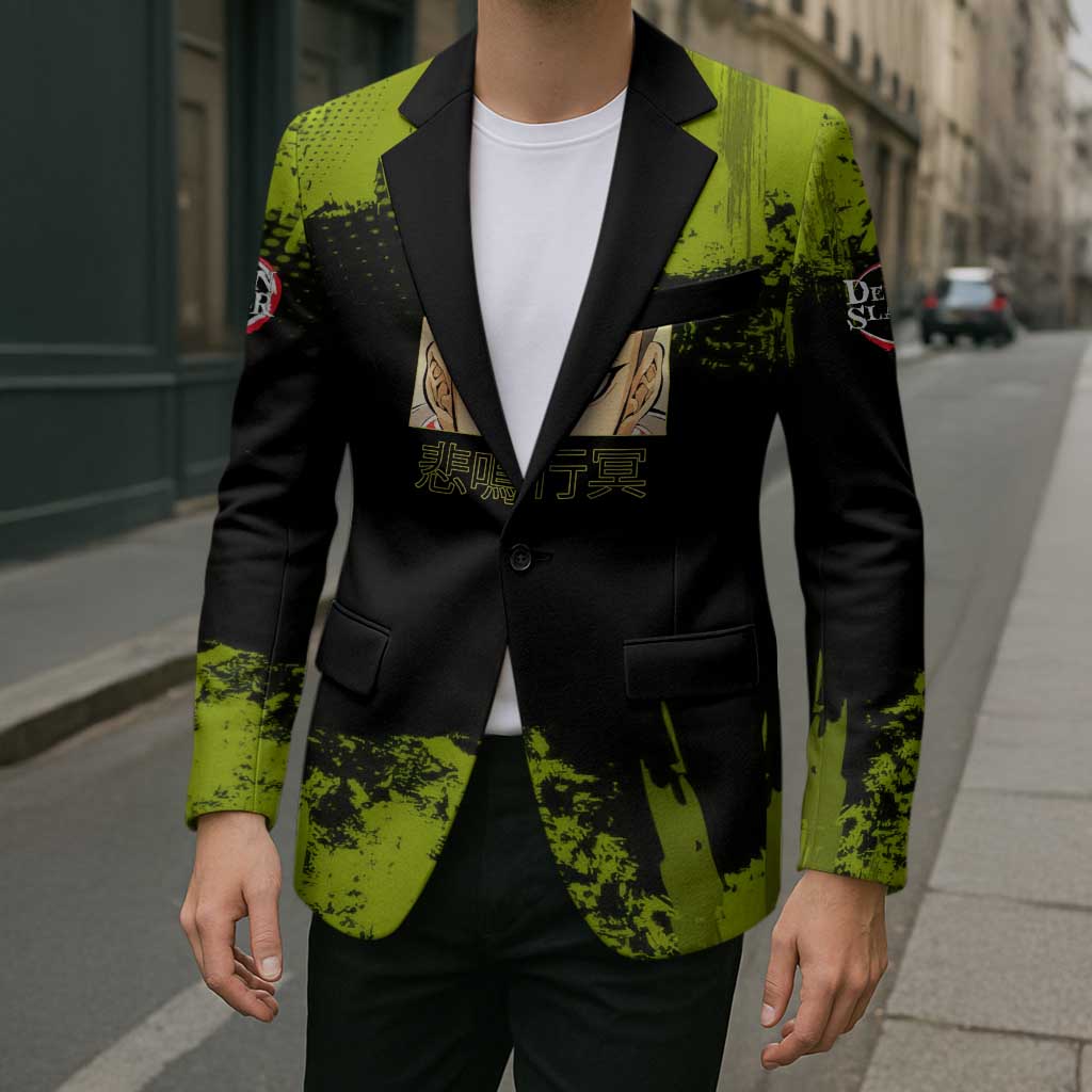 Gyomei Himejima Demon Slayer Bold Green Theme Blazer with Prayer Pose and Intense Expression Design - The Mazicc