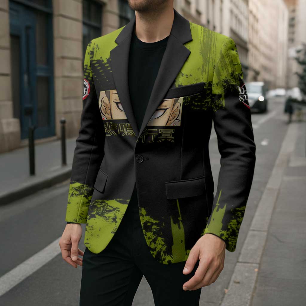 Gyomei Himejima Demon Slayer Bold Green Theme Blazer with Prayer Pose and Intense Expression Design - The Mazicc