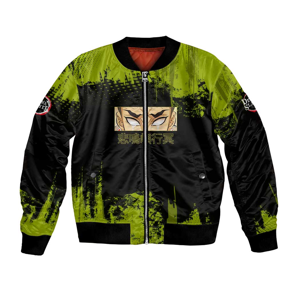 Gyomei Himejima Demon Slayer Bold Green Theme Bomber Jacket with Prayer Pose and Intense Expression Design - The Mazicc