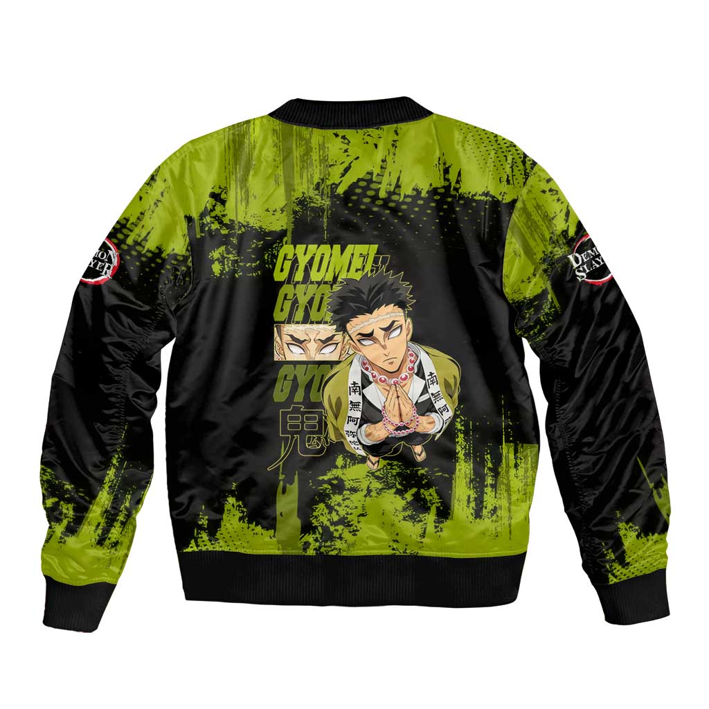 Gyomei Himejima Demon Slayer Bold Green Theme Bomber Jacket with Prayer Pose and Intense Expression Design - The Mazicc