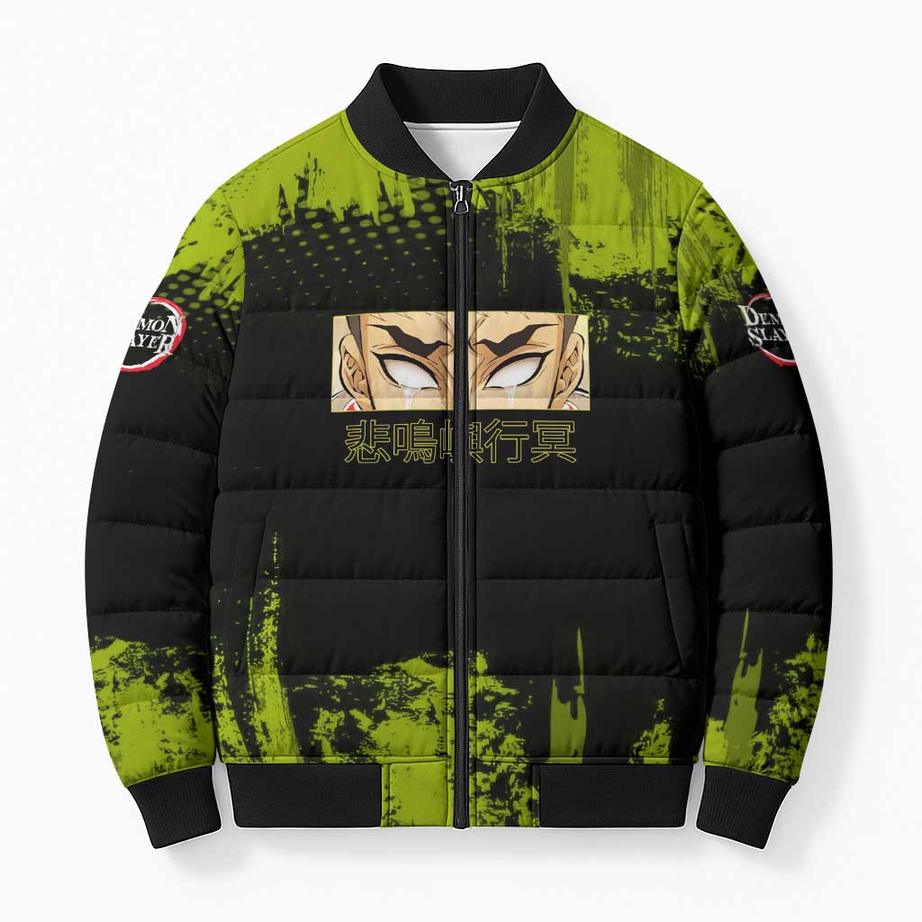 Gyomei Himejima Demon Slayer Bold Green Theme Bomber Puffer Jacket with Prayer Pose and Intense Expression Design - The Mazicc