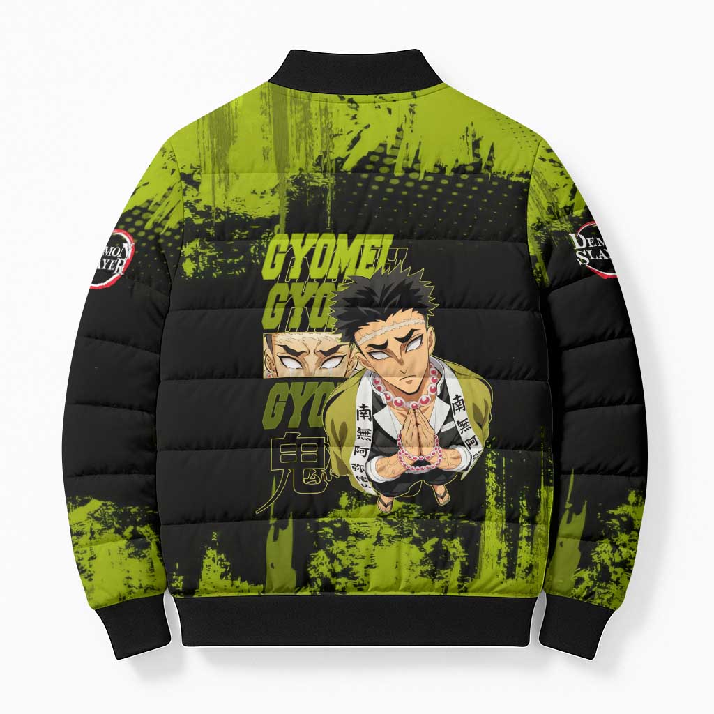 Gyomei Himejima Demon Slayer Bold Green Theme Bomber Puffer Jacket with Prayer Pose and Intense Expression Design - The Mazicc