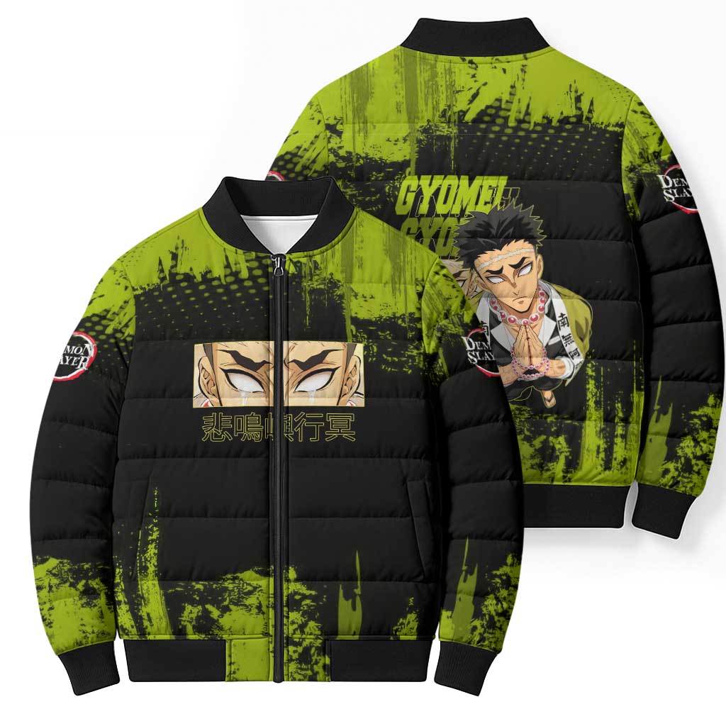 Gyomei Himejima Demon Slayer Bold Green Theme Bomber Puffer Jacket with Prayer Pose and Intense Expression Design - The Mazicc