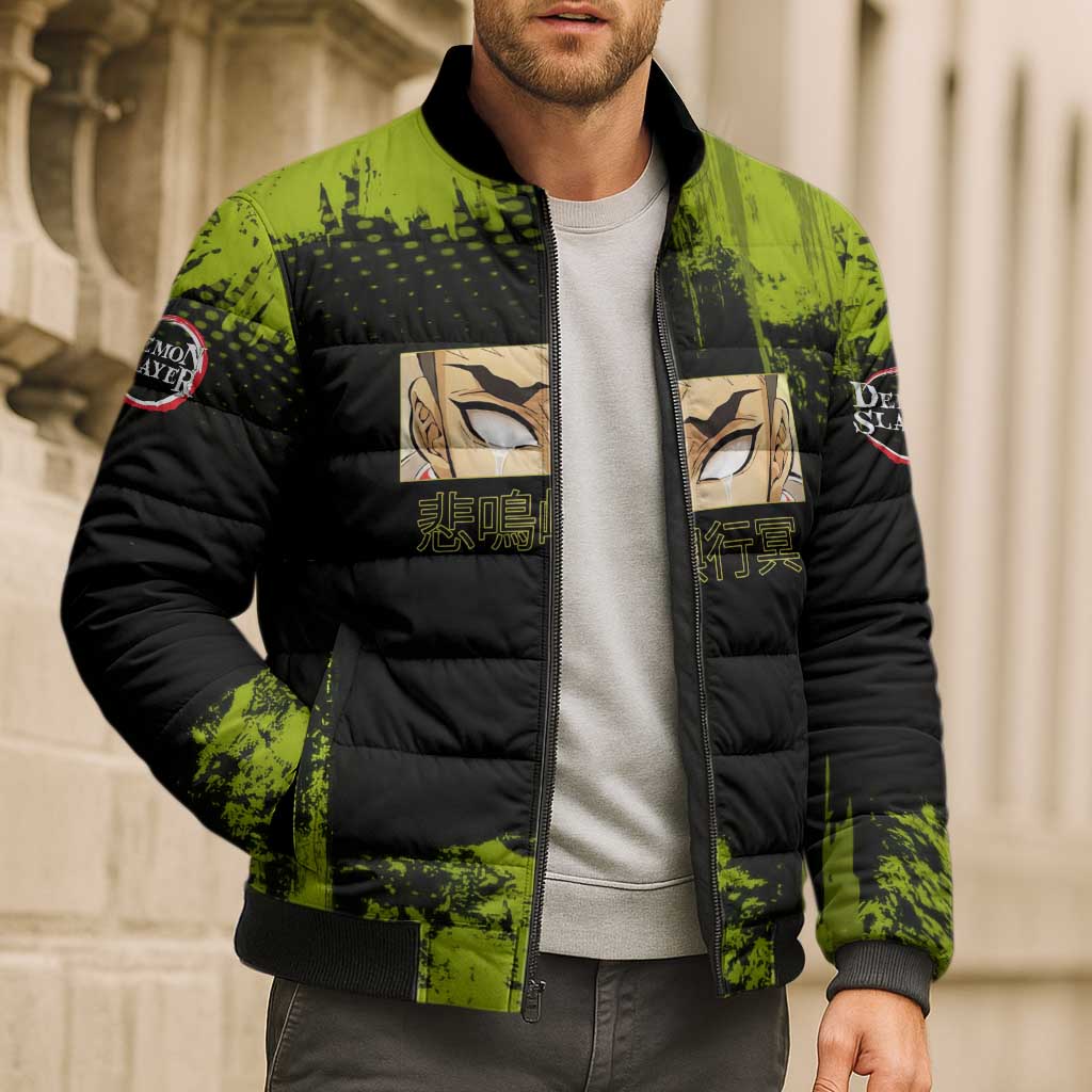 Gyomei Himejima Demon Slayer Bold Green Theme Bomber Puffer Jacket with Prayer Pose and Intense Expression Design - The Mazicc