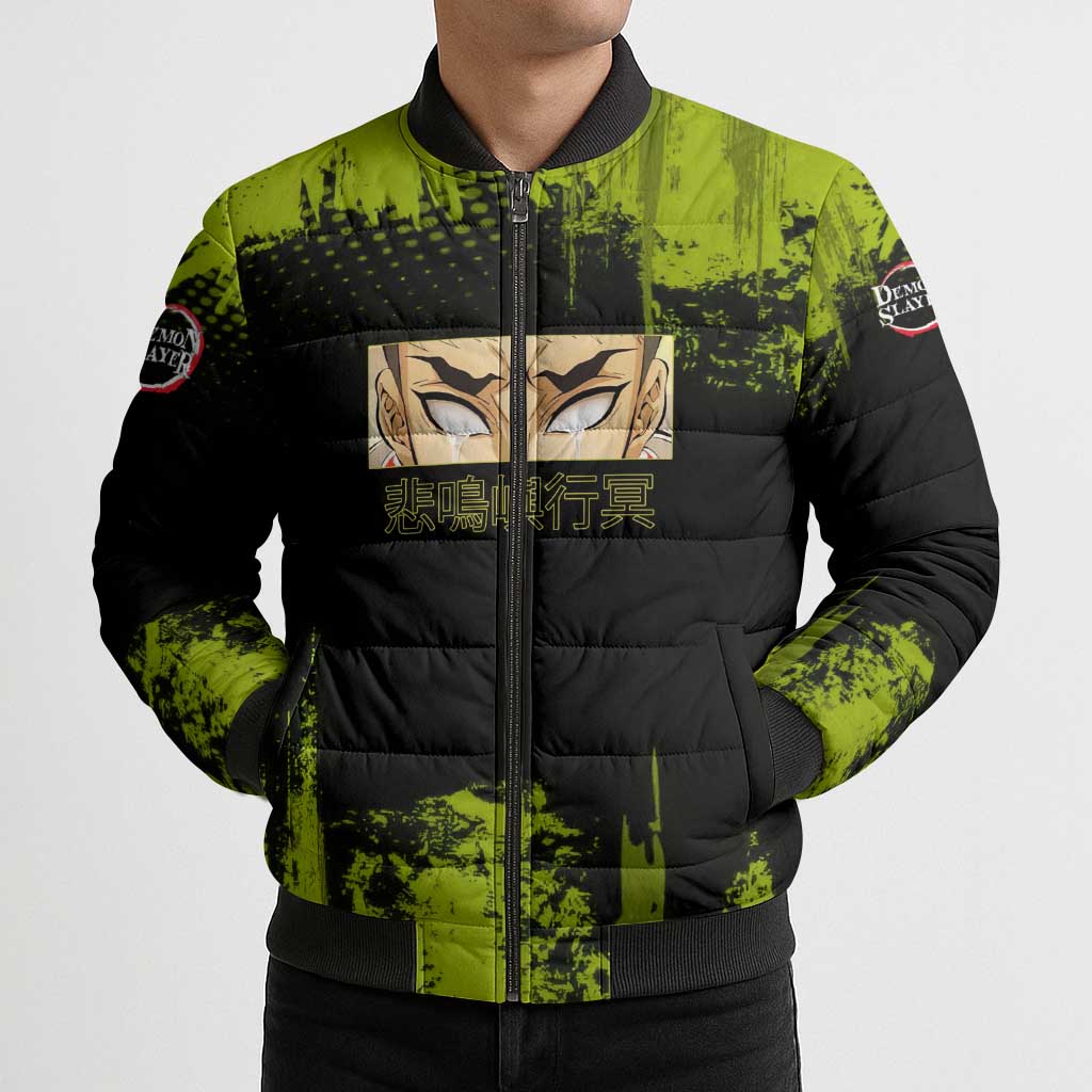 Gyomei Himejima Demon Slayer Bold Green Theme Bomber Puffer Jacket with Prayer Pose and Intense Expression Design - The Mazicc
