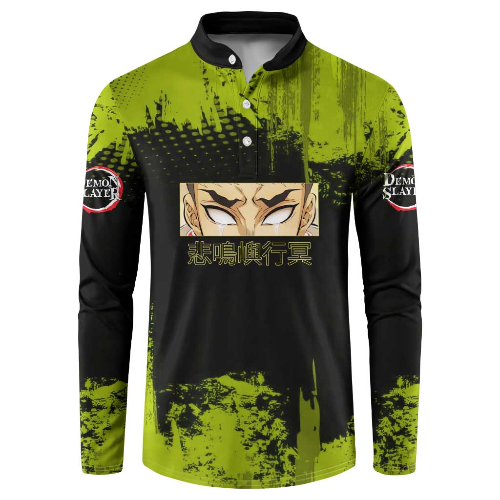 Gyomei Himejima Demon Slayer Bold Green Theme Button Sweatshirt with Prayer Pose and Intense Expression Design - The Mazicc