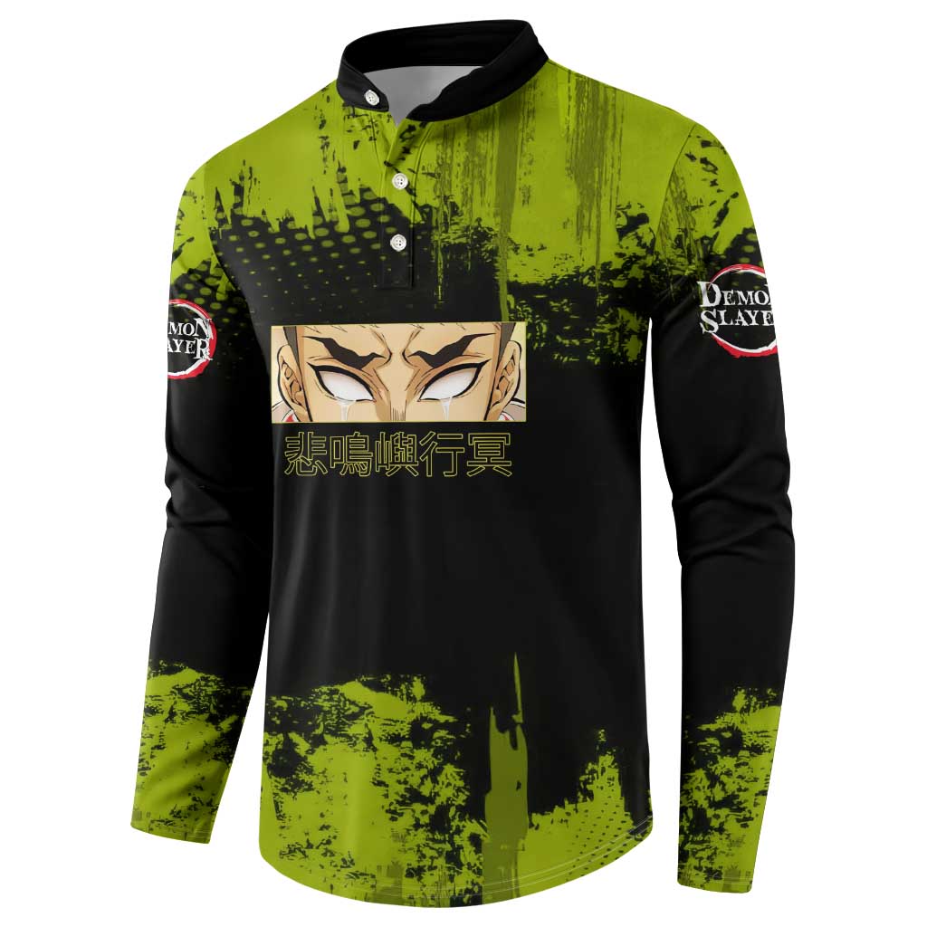 Gyomei Himejima Demon Slayer Bold Green Theme Button Sweatshirt with Prayer Pose and Intense Expression Design - The Mazicc