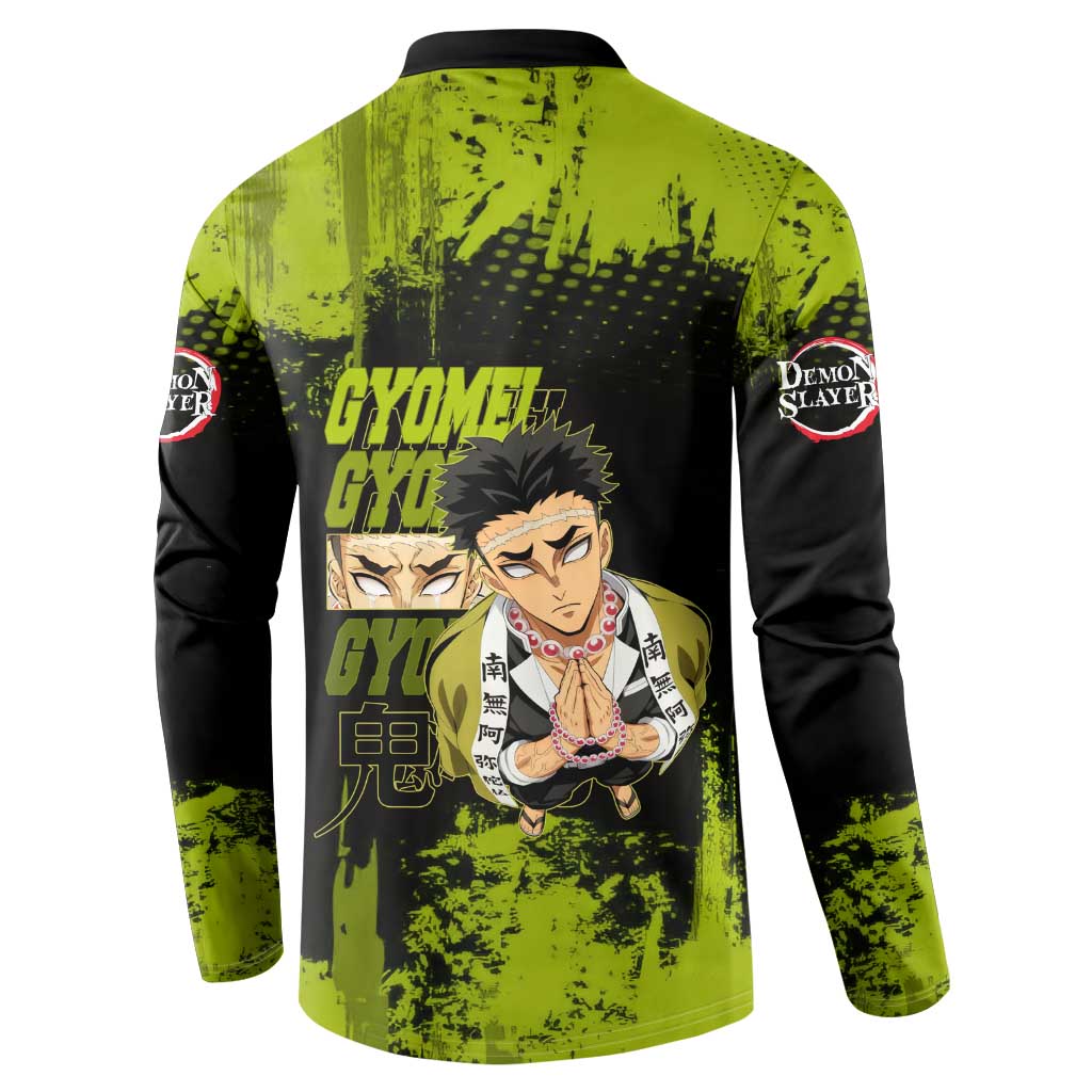 Gyomei Himejima Demon Slayer Bold Green Theme Button Sweatshirt with Prayer Pose and Intense Expression Design - The Mazicc