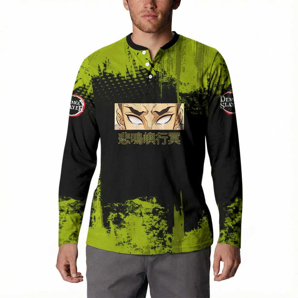 Gyomei Himejima Demon Slayer Bold Green Theme Button Sweatshirt with Prayer Pose and Intense Expression Design - The Mazicc