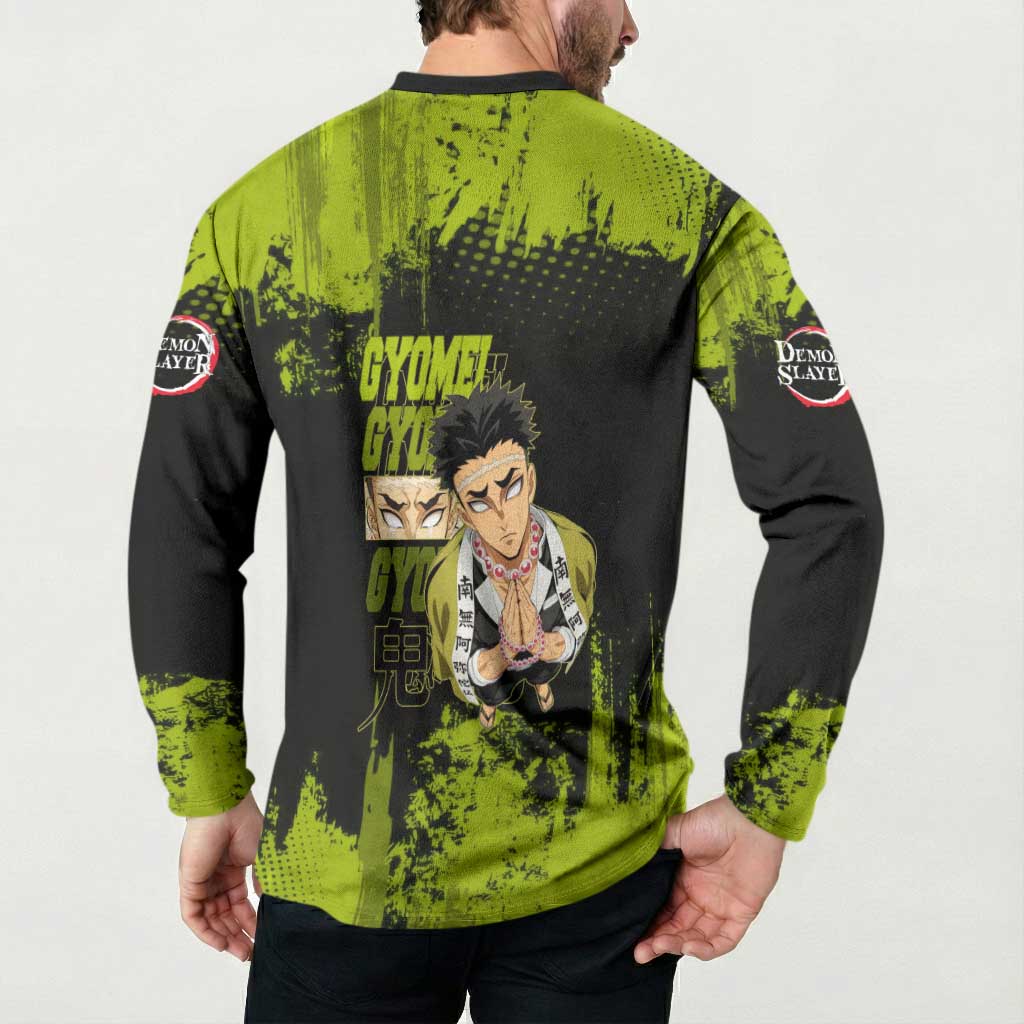 Gyomei Himejima Demon Slayer Bold Green Theme Button Sweatshirt with Prayer Pose and Intense Expression Design - The Mazicc