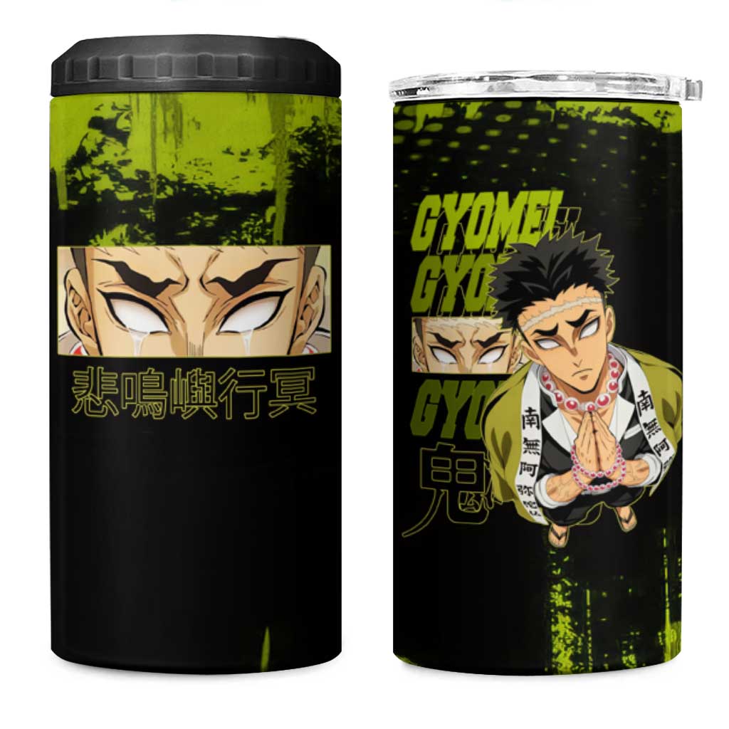 Gyomei Himejima Demon Slayer Bold Green Theme 4 in 1 Can Cooler Tumbler with Prayer Pose and Intense Expression Design - The Mazicc