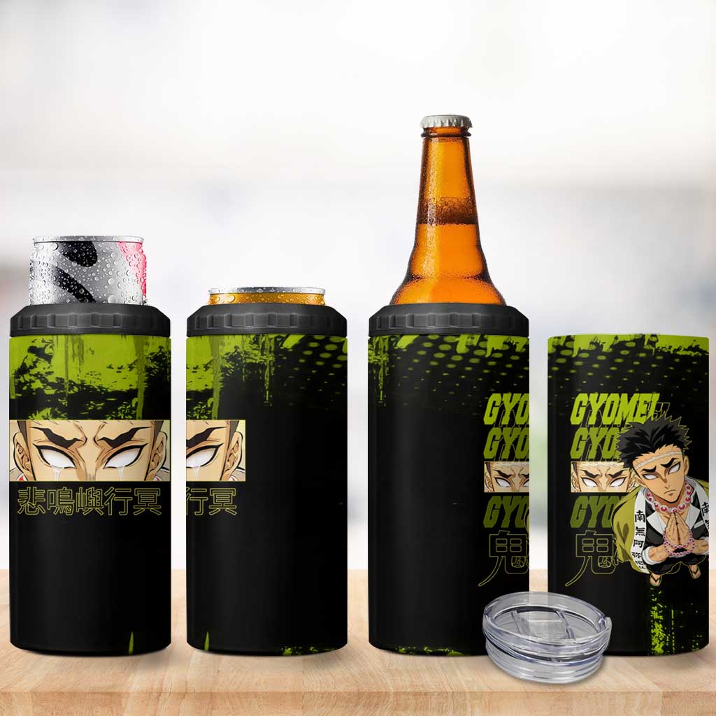 Gyomei Himejima Demon Slayer Bold Green Theme 4 in 1 Can Cooler Tumbler with Prayer Pose and Intense Expression Design - The Mazicc