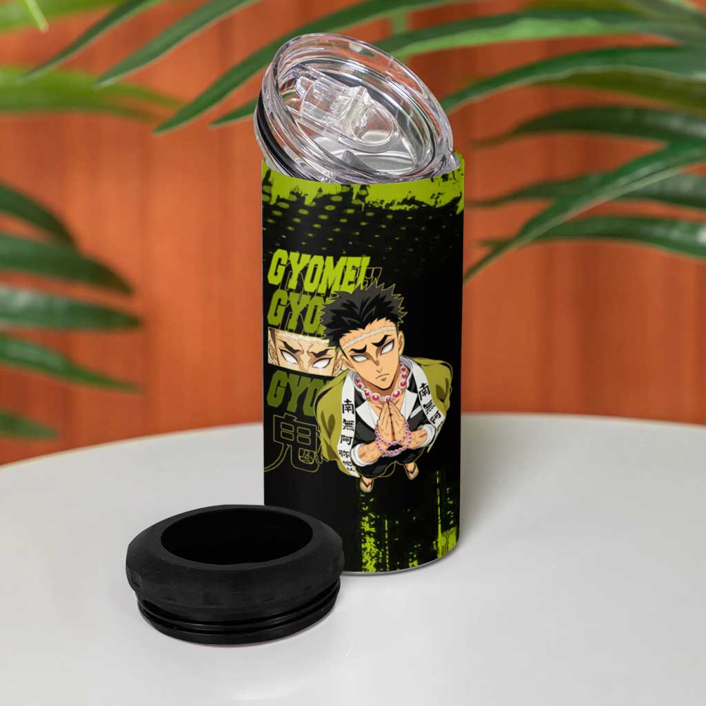 Gyomei Himejima Demon Slayer Bold Green Theme 4 in 1 Can Cooler Tumbler with Prayer Pose and Intense Expression Design - The Mazicc