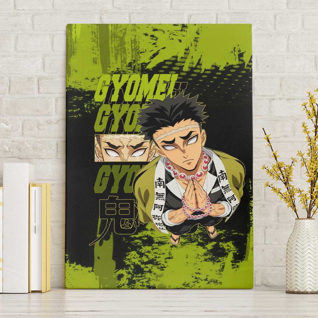 Gyomei Himejima Demon Slayer Bold Green Theme Canvas Wall Art with Prayer Pose and Intense Expression Design - The Mazicc
